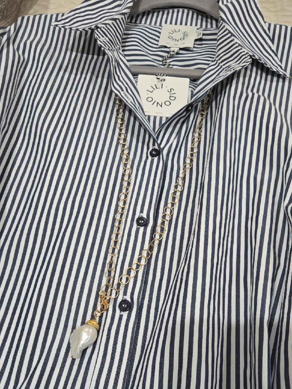 Lili Sidonio Crisp Shirt Dress Navy & White Stripe, Size L, NWT
